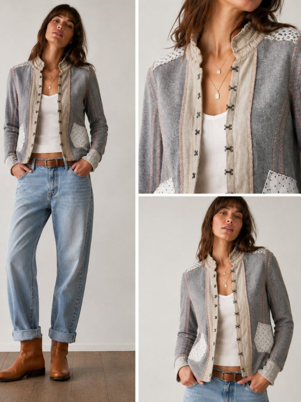 Free People Vintage Patchwork Jacket Blazer Reversible Medium Gray Boho Chic